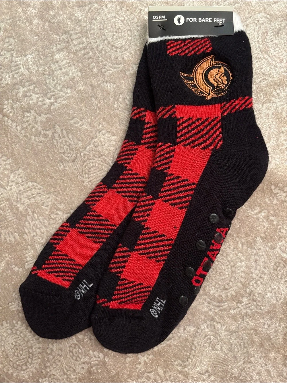 Brand New For Bare Feet Ottawa Senators NHL Grip Socks Black & Red Buffalo Plaid